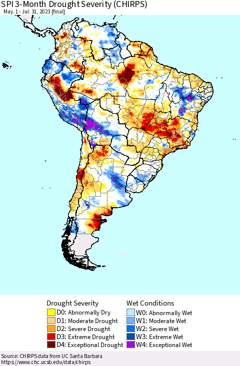 South America SPI 3-Month Drought Severity (CHIRPS) Thematic Map For 5/1/2023 - 7/31/2023