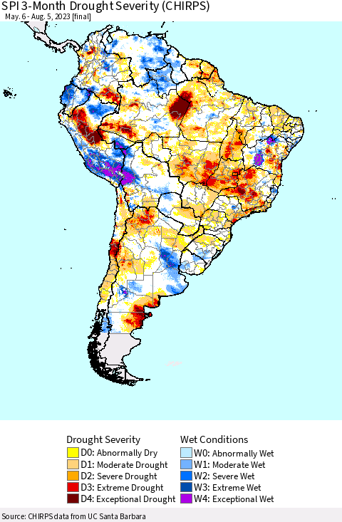 South America SPI 3-Month Drought Severity (CHIRPS) Thematic Map For 5/6/2023 - 8/5/2023