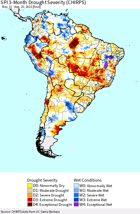 South America SPI 3-Month Drought Severity (CHIRPS) Thematic Map For 5/11/2023 - 8/10/2023