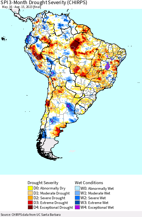 South America SPI 3-Month Drought Severity (CHIRPS) Thematic Map For 5/16/2023 - 8/15/2023