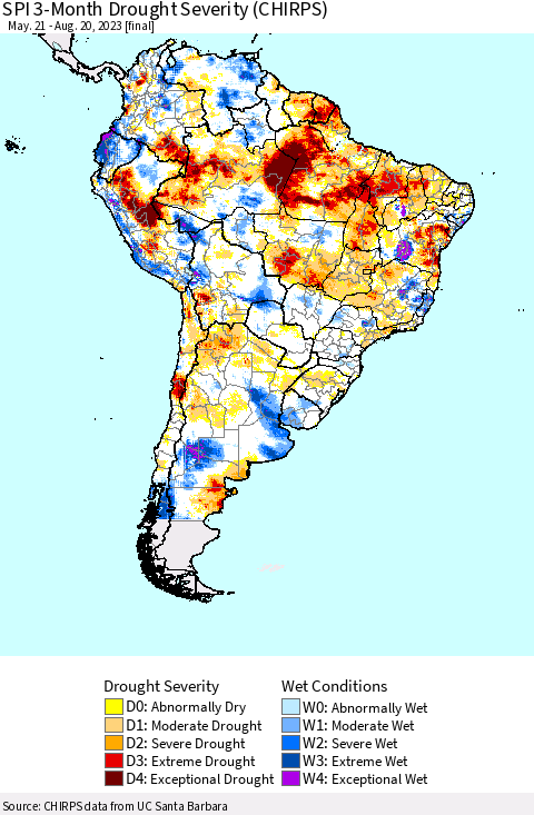 South America SPI 3-Month Drought Severity (CHIRPS) Thematic Map For 5/21/2023 - 8/20/2023