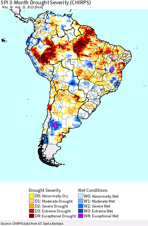 South America SPI 3-Month Drought Severity (CHIRPS) Thematic Map For 5/26/2023 - 8/25/2023