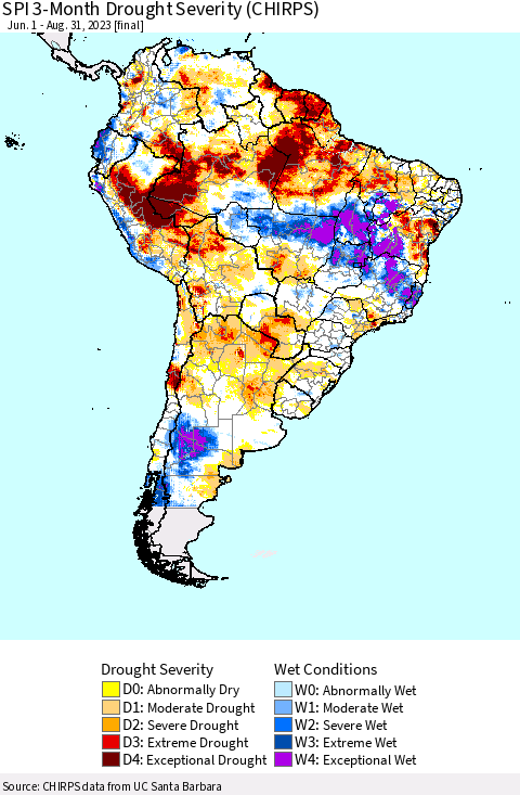 South America SPI 3-Month Drought Severity (CHIRPS) Thematic Map For 6/1/2023 - 8/31/2023