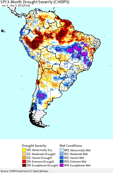 South America SPI 3-Month Drought Severity (CHIRPS) Thematic Map For 6/6/2023 - 9/5/2023