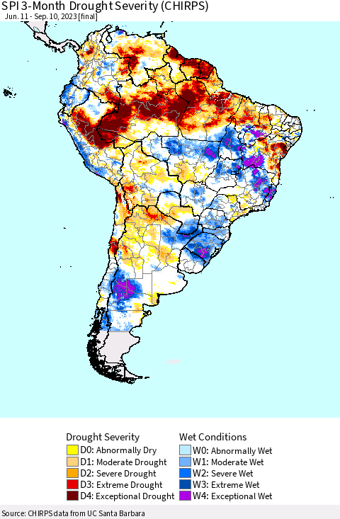 South America SPI 3-Month Drought Severity (CHIRPS) Thematic Map For 6/11/2023 - 9/10/2023