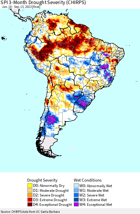 South America SPI 3-Month Drought Severity (CHIRPS) Thematic Map For 6/16/2023 - 9/15/2023