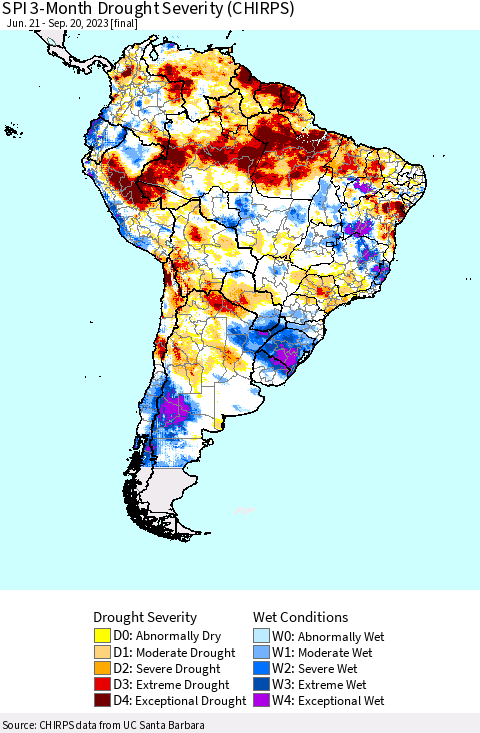 South America SPI 3-Month Drought Severity (CHIRPS) Thematic Map For 6/21/2023 - 9/20/2023