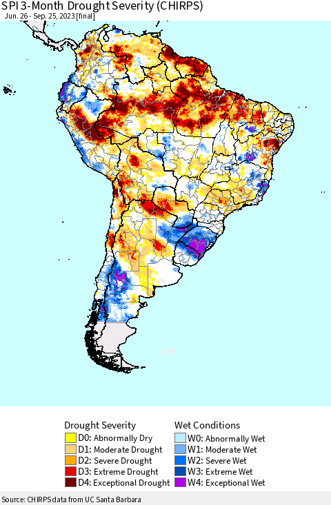 South America SPI 3-Month Drought Severity (CHIRPS) Thematic Map For 6/26/2023 - 9/25/2023