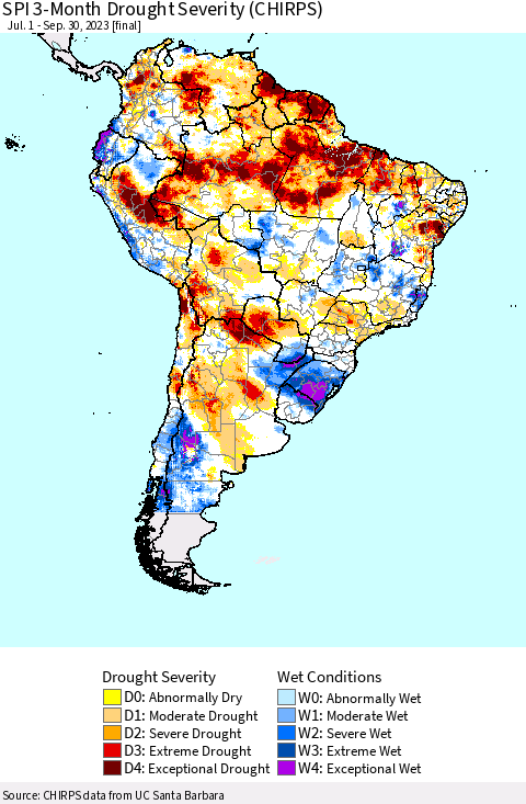 South America SPI 3-Month Drought Severity (CHIRPS) Thematic Map For 7/1/2023 - 9/30/2023