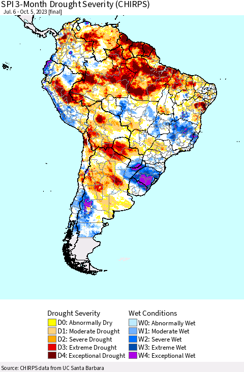 South America SPI 3-Month Drought Severity (CHIRPS) Thematic Map For 7/6/2023 - 10/5/2023