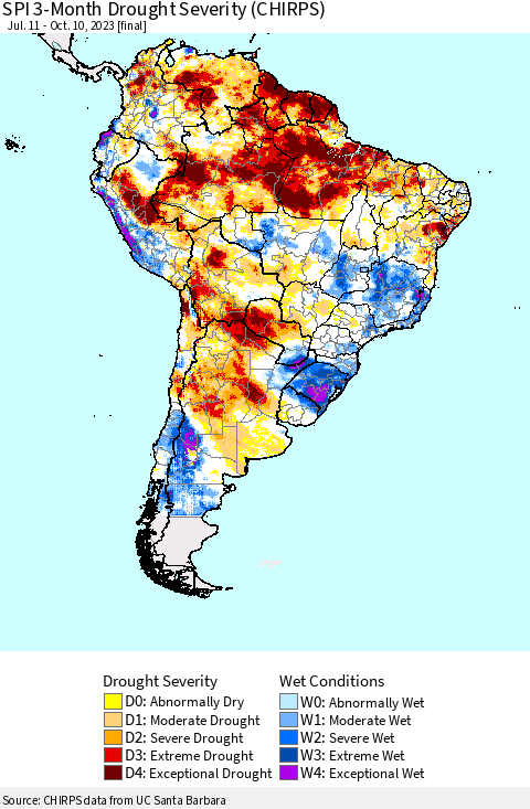 South America SPI 3-Month Drought Severity (CHIRPS) Thematic Map For 7/11/2023 - 10/10/2023