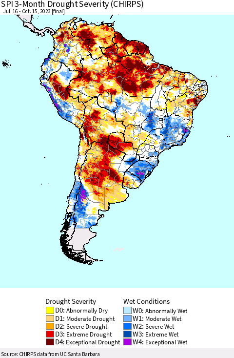 South America SPI 3-Month Drought Severity (CHIRPS) Thematic Map For 7/16/2023 - 10/15/2023