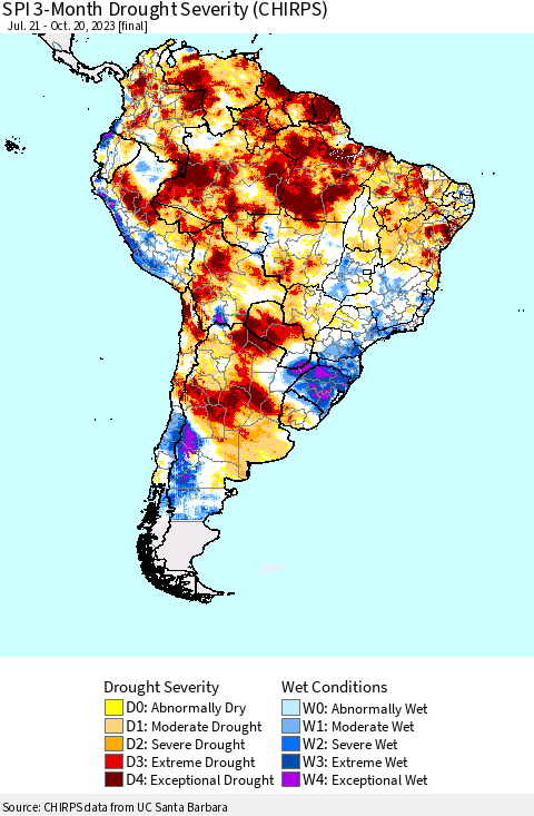 South America SPI 3-Month Drought Severity (CHIRPS) Thematic Map For 7/21/2023 - 10/20/2023