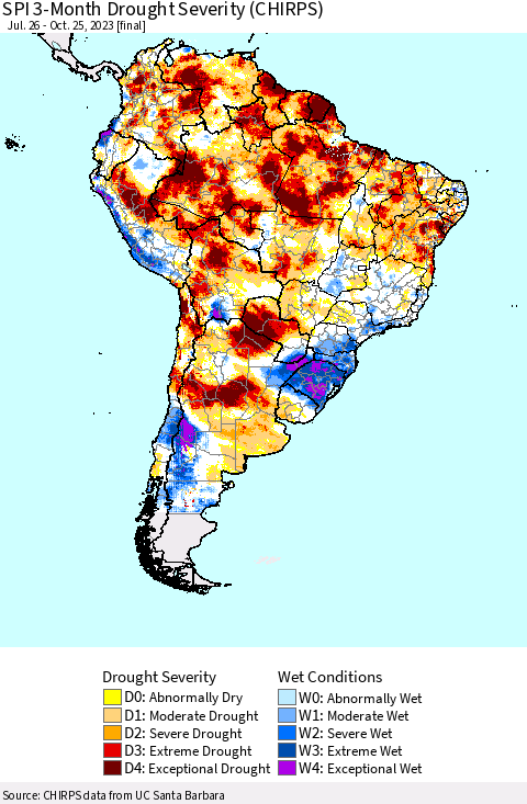 South America SPI 3-Month Drought Severity (CHIRPS) Thematic Map For 7/26/2023 - 10/25/2023