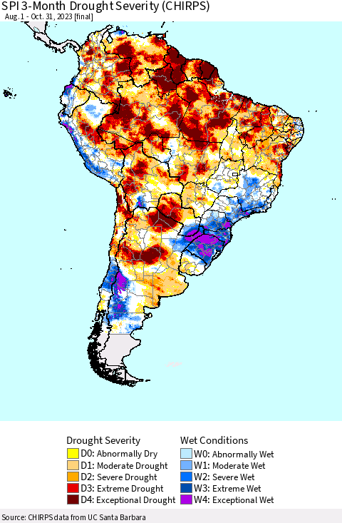 South America SPI 3-Month Drought Severity (CHIRPS) Thematic Map For 8/1/2023 - 10/31/2023