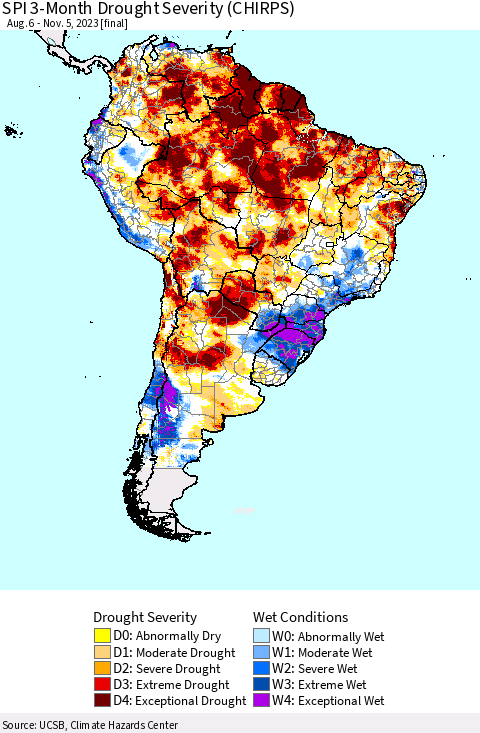 South America SPI 3-Month Drought Severity (CHIRPS) Thematic Map For 8/6/2023 - 11/5/2023