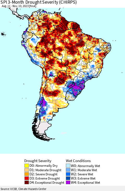 South America SPI 3-Month Drought Severity (CHIRPS) Thematic Map For 8/11/2023 - 11/10/2023