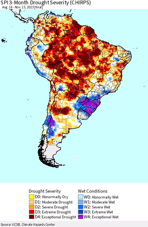South America SPI 3-Month Drought Severity (CHIRPS) Thematic Map For 8/16/2023 - 11/15/2023