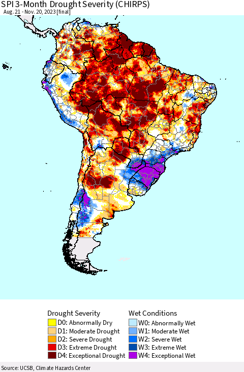 South America SPI 3-Month Drought Severity (CHIRPS) Thematic Map For 8/21/2023 - 11/20/2023