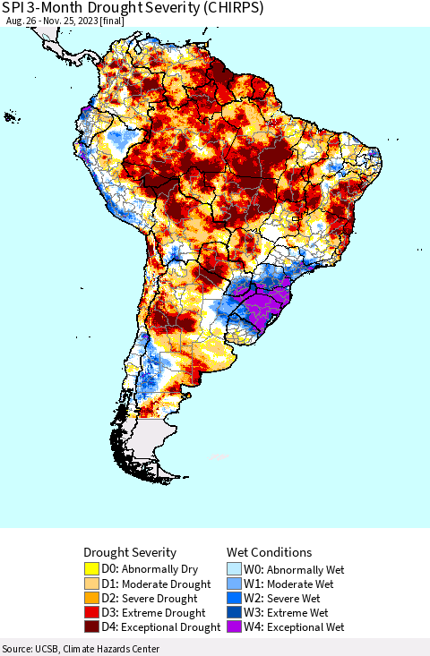 South America SPI 3-Month Drought Severity (CHIRPS) Thematic Map For 8/26/2023 - 11/25/2023
