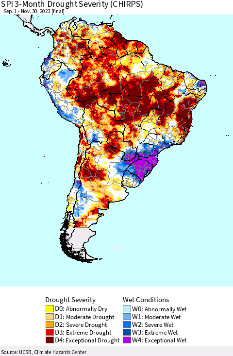 South America SPI 3-Month Drought Severity (CHIRPS) Thematic Map For 9/1/2023 - 11/30/2023