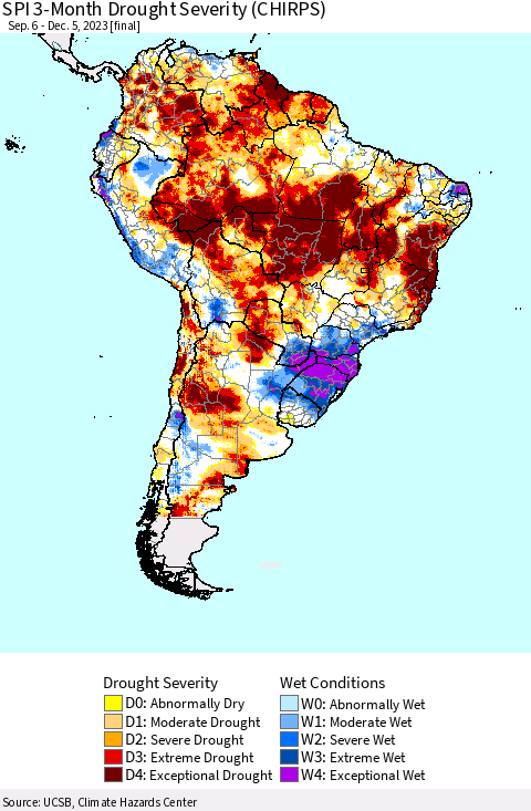 South America SPI 3-Month Drought Severity (CHIRPS) Thematic Map For 9/6/2023 - 12/5/2023