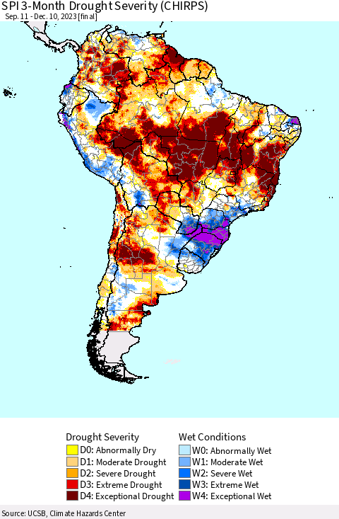 South America SPI 3-Month Drought Severity (CHIRPS) Thematic Map For 9/11/2023 - 12/10/2023
