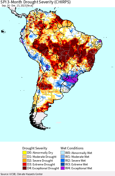 South America SPI 3-Month Drought Severity (CHIRPS) Thematic Map For 9/16/2023 - 12/15/2023