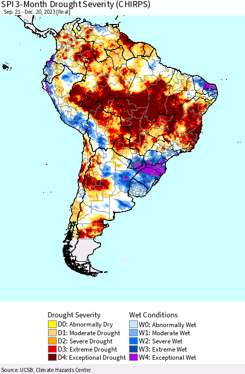South America SPI 3-Month Drought Severity (CHIRPS) Thematic Map For 9/21/2023 - 12/20/2023