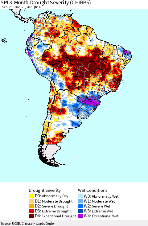 South America SPI 3-Month Drought Severity (CHIRPS) Thematic Map For 9/26/2023 - 12/25/2023
