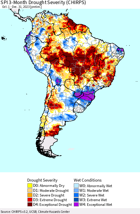 South America SPI 3-Month Drought Severity (CHIRPS) Thematic Map For 10/1/2023 - 12/31/2023