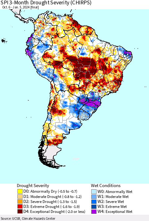 South America SPI 3-Month Drought Severity (CHIRPS) Thematic Map For 10/6/2023 - 1/5/2024