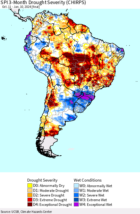 South America SPI 3-Month Drought Severity (CHIRPS) Thematic Map For 10/11/2023 - 1/10/2024