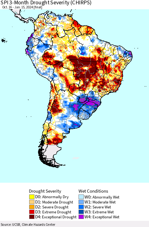 South America SPI 3-Month Drought Severity (CHIRPS) Thematic Map For 10/16/2023 - 1/15/2024