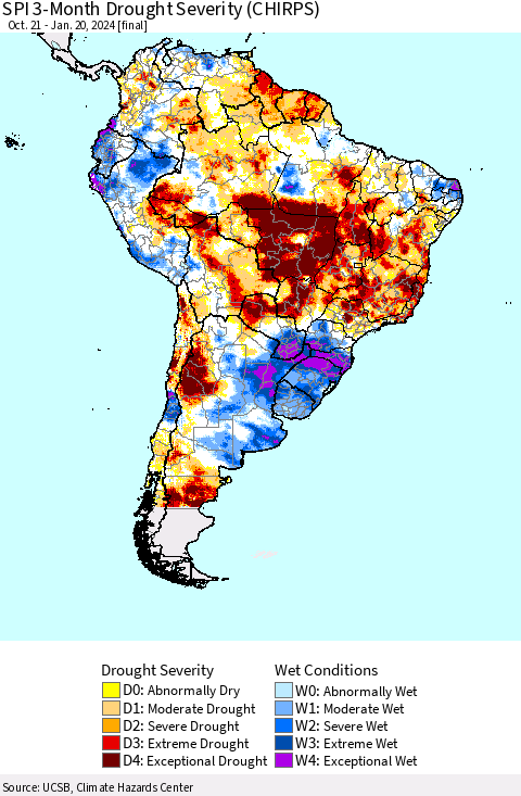 South America SPI 3-Month Drought Severity (CHIRPS) Thematic Map For 10/21/2023 - 1/20/2024
