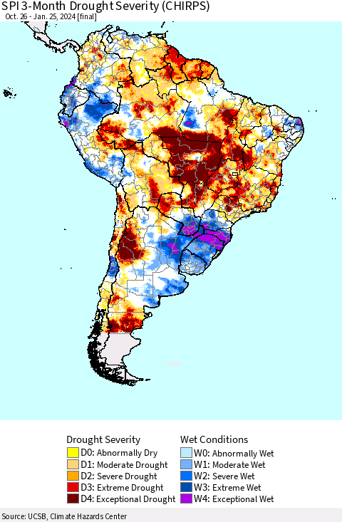 South America SPI 3-Month Drought Severity (CHIRPS) Thematic Map For 10/26/2023 - 1/25/2024