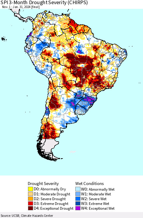 South America SPI 3-Month Drought Severity (CHIRPS) Thematic Map For 11/1/2023 - 1/31/2024
