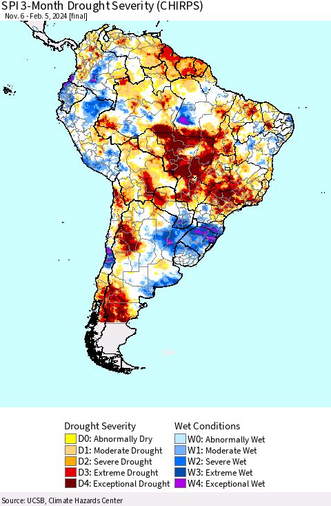 South America SPI 3-Month Drought Severity (CHIRPS) Thematic Map For 11/6/2023 - 2/5/2024