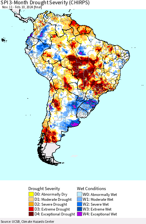 South America SPI 3-Month Drought Severity (CHIRPS) Thematic Map For 11/11/2023 - 2/10/2024
