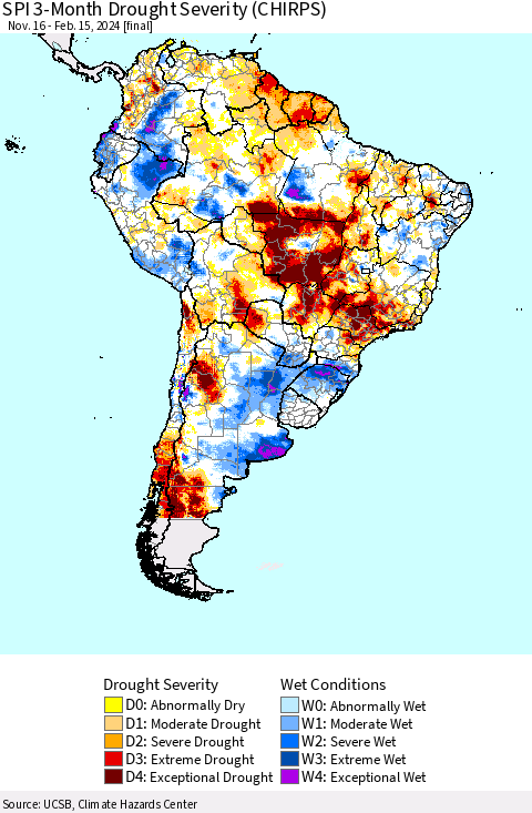 South America SPI 3-Month Drought Severity (CHIRPS) Thematic Map For 11/16/2023 - 2/15/2024