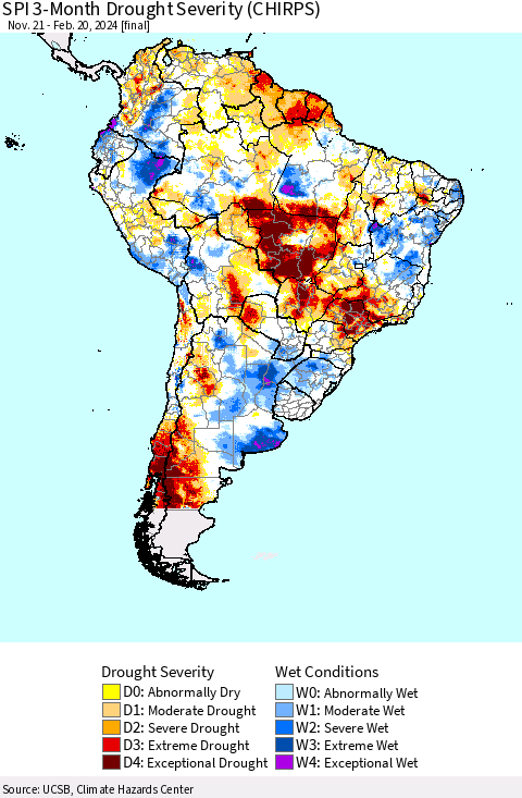 South America SPI 3-Month Drought Severity (CHIRPS) Thematic Map For 11/21/2023 - 2/20/2024