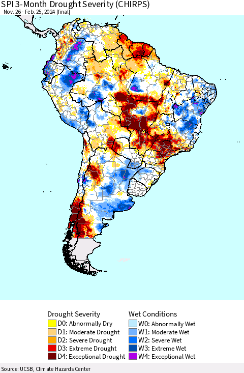 South America SPI 3-Month Drought Severity (CHIRPS) Thematic Map For 11/26/2023 - 2/25/2024