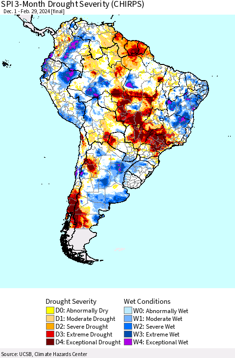 South America SPI 3-Month Drought Severity (CHIRPS) Thematic Map For 12/1/2023 - 2/29/2024