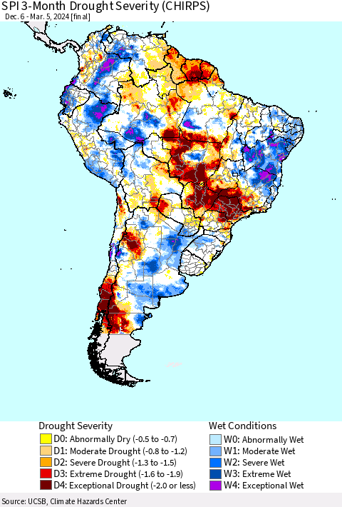South America SPI 3-Month Drought Severity (CHIRPS) Thematic Map For 12/6/2023 - 3/5/2024
