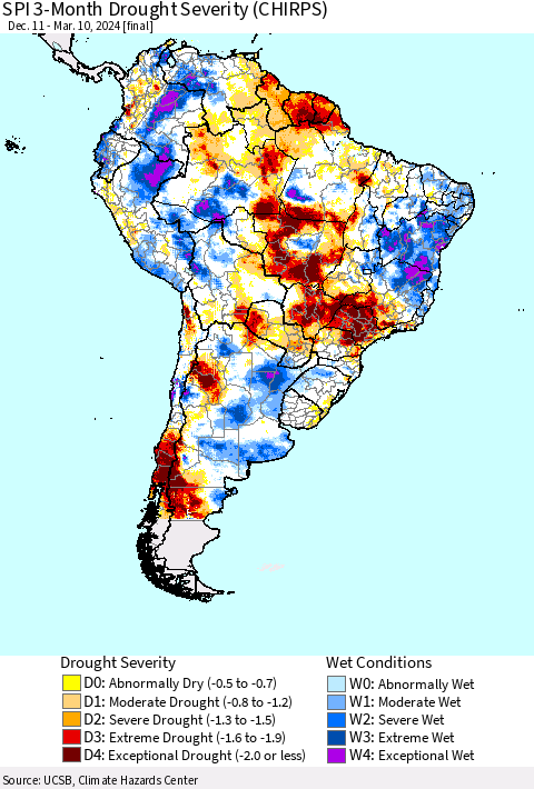 South America SPI 3-Month Drought Severity (CHIRPS) Thematic Map For 12/11/2023 - 3/10/2024
