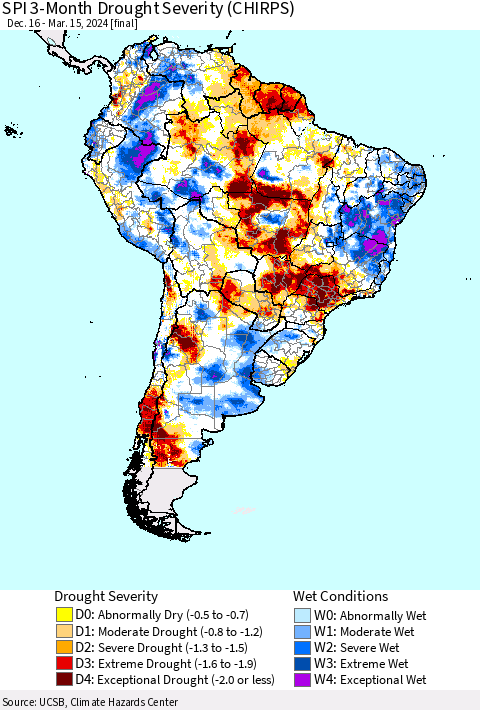 South America SPI 3-Month Drought Severity (CHIRPS) Thematic Map For 12/16/2023 - 3/15/2024
