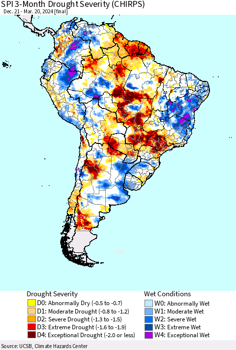 South America SPI 3-Month Drought Severity (CHIRPS) Thematic Map For 12/21/2023 - 3/20/2024