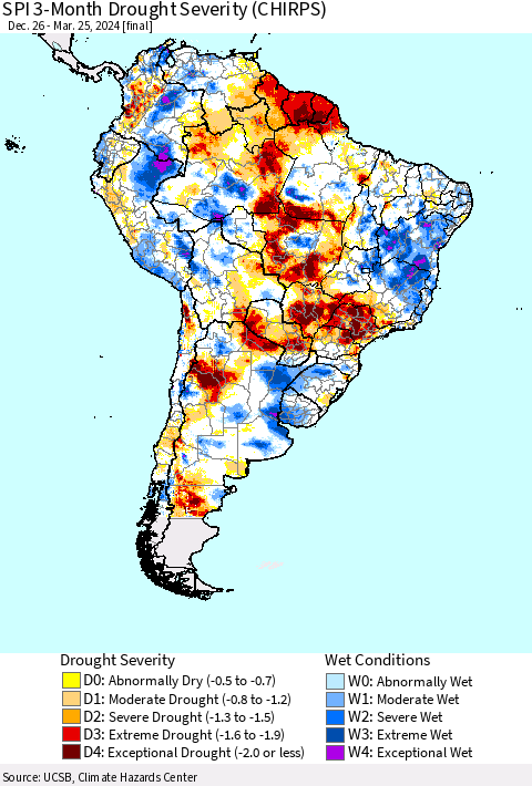 South America SPI 3-Month Drought Severity (CHIRPS) Thematic Map For 12/26/2023 - 3/25/2024