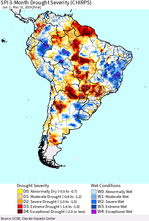 South America SPI 3-Month Drought Severity (CHIRPS) Thematic Map For 1/1/2024 - 3/31/2024