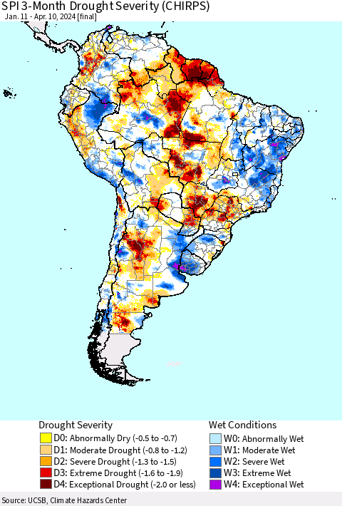 South America SPI 3-Month Drought Severity (CHIRPS) Thematic Map For 1/11/2024 - 4/10/2024